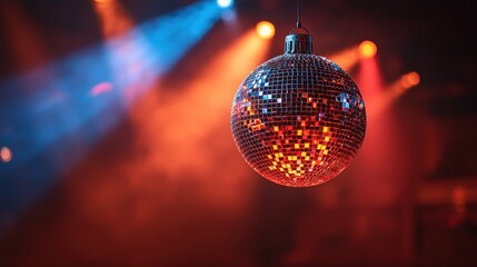 Fototapeta premium Disco ball hangs in a dimly lit nightclub