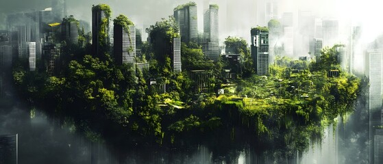 A surreal landscape of a futuristic city merged with lush greenery, showcasing a perfect harmony between urban life and nature, illustrating concepts of sustainability and eco-frie