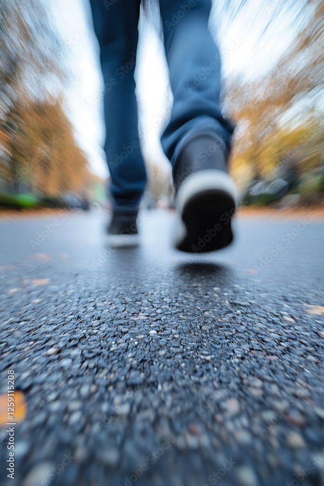 Poster dynamic perspective of a person walking on a quiet street : generative ai