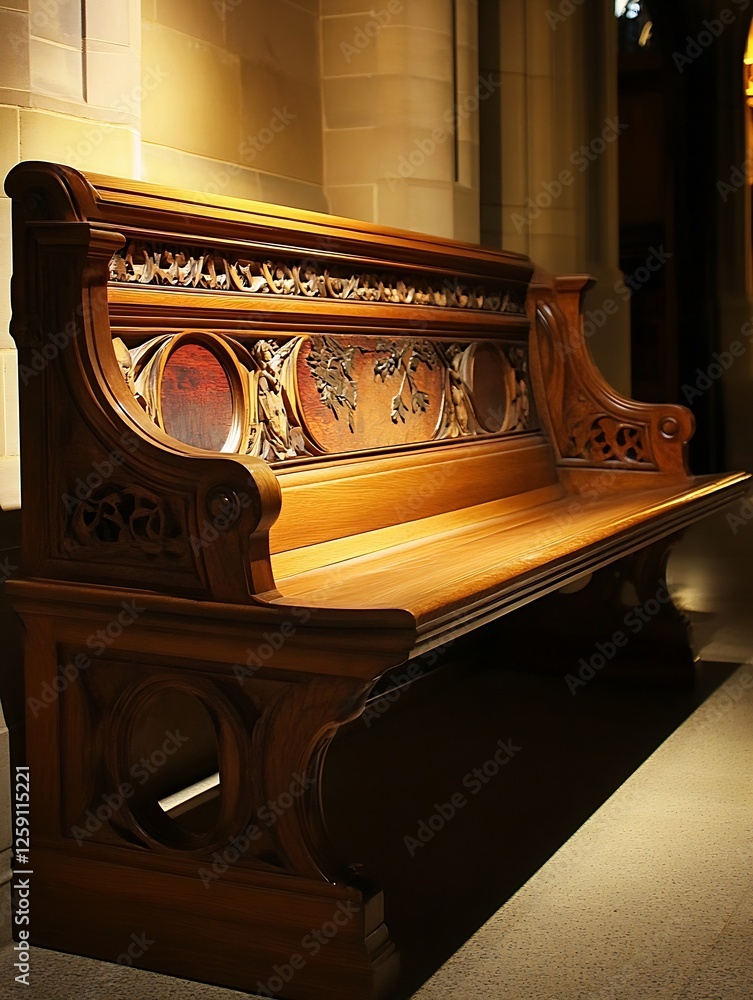 Aufkleber Intricately Designed Wooden Bench with Elegant Backrest in a Beautiful Hallway Setting : Generative AI