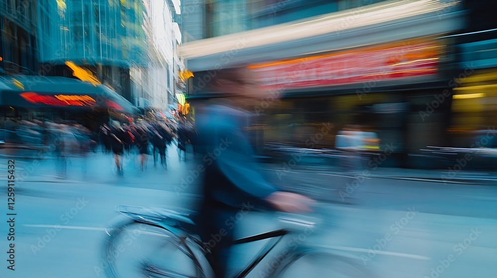 Poster Dynamic Urban Scene with Motion Blur of Cyclist Riding Through Busy Street : Generative AI