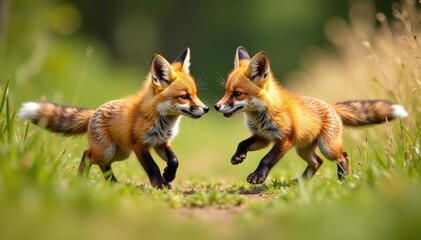 Fototapeta premium Fox kits chasing each other through the underbrush, kit, underbrush, fall