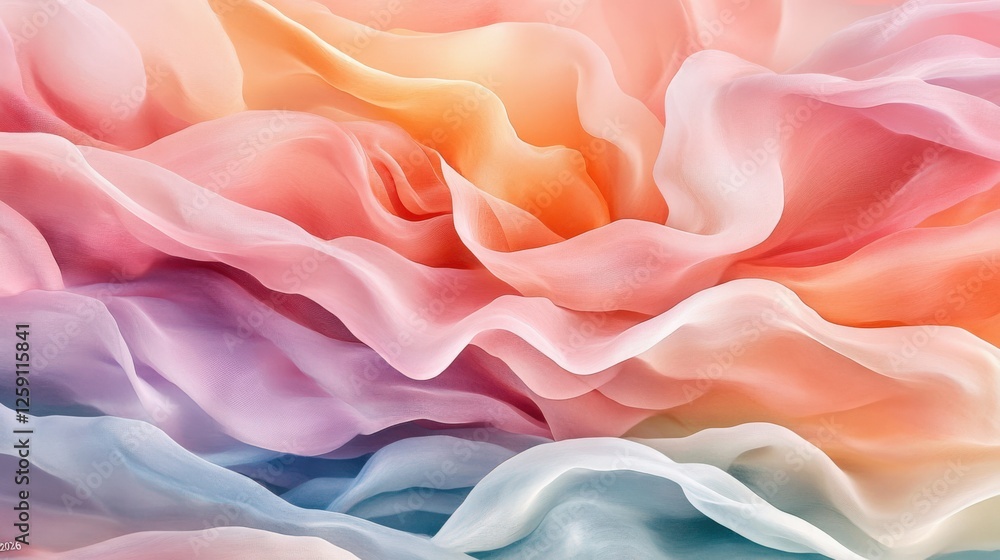 Poster a soft, flowing abstract composition featuring layers of colorful drapery with delicate translucent 