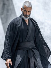 Dramatic Portrait of a Stoic Warrior: A man in a black robe exudes strength and wisdom, ideal for themes of courage and discipline.