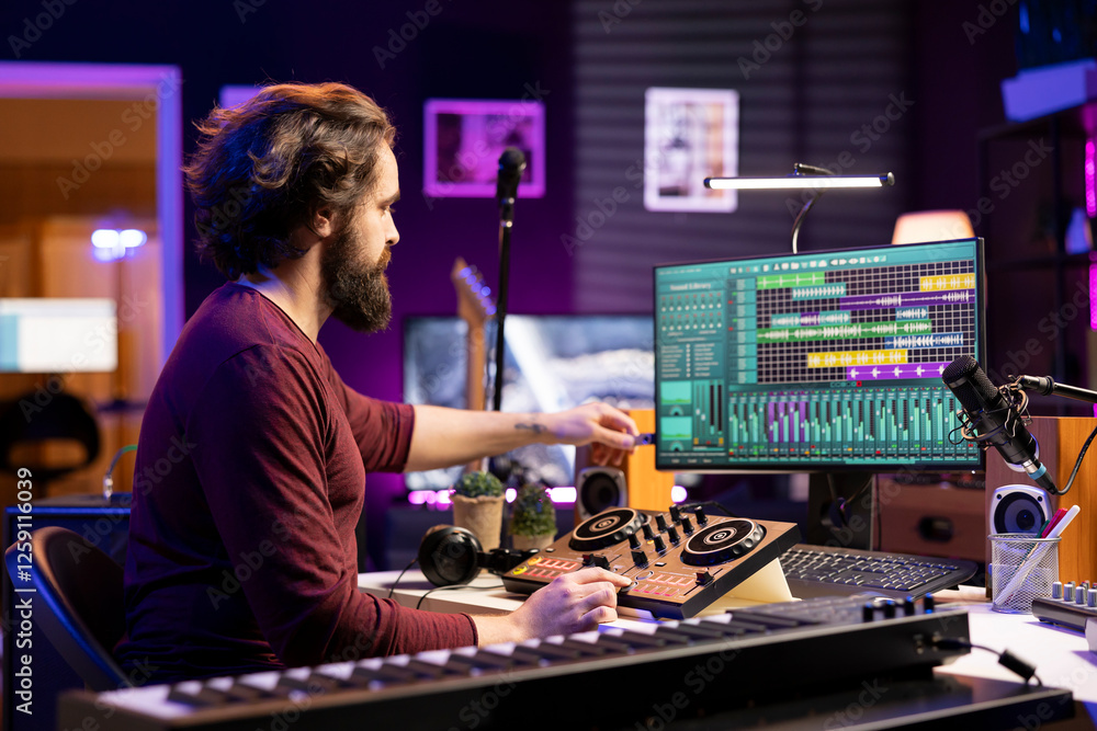 Aufkleber Music producer creating new music with an usb stick in home studio, editing tracks from old audio recordings. Young songwriter composer mixing and mastering tunes, daw software on computer.