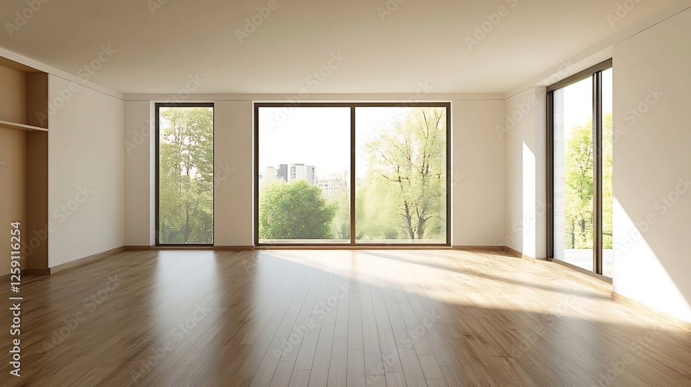 Poster bright and airy unfurnished room with large windows overlooking lush green trees : generative ai