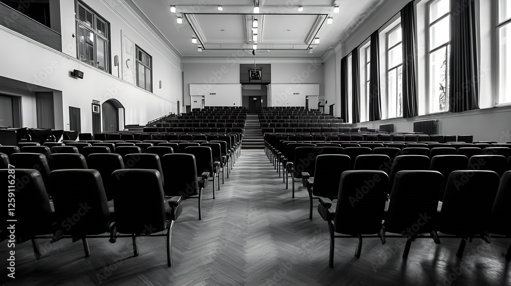 Poster interior of an empty auditorium with rows of black chairs and bright windows : generative ai