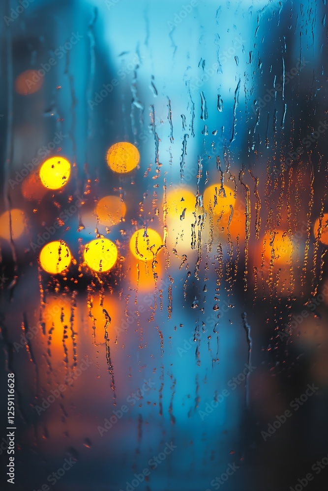 Poster rainy city scene through a foggy window with soft reflections and bokeh lights creating a dreamy atm