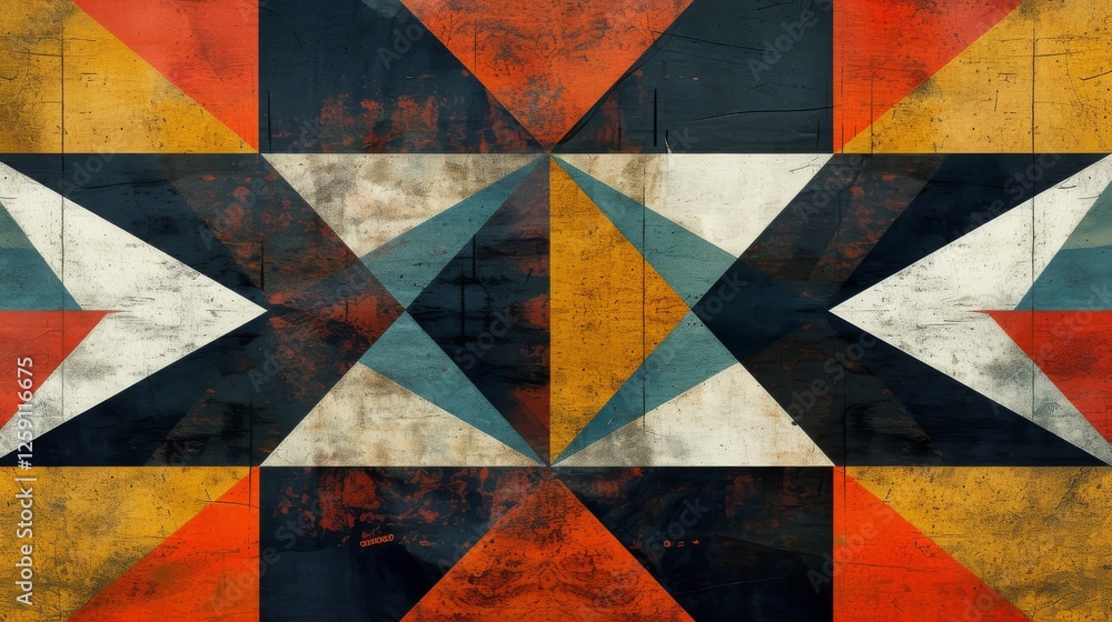 Poster a geometric abstract design featuring a symmetrical arrangement of triangles and bold colors with a 