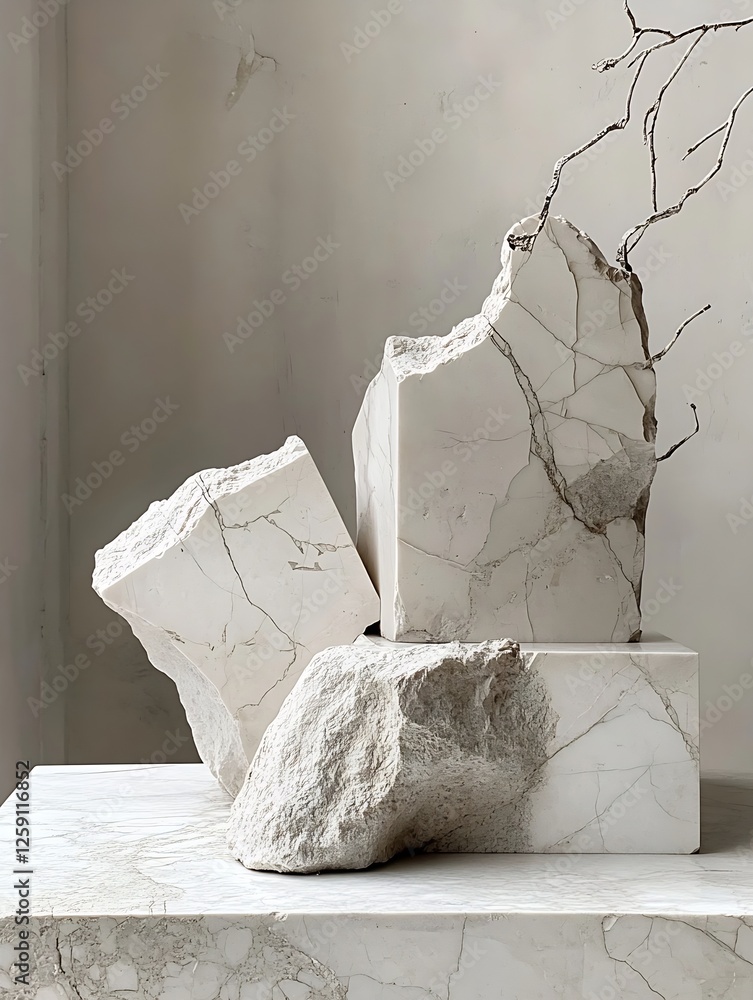 Leinwandbilder artistic composition of textured marble rocks and branches on a minimalist background : generative a