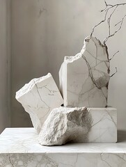 Artistic Composition of Textured Marble Rocks and Branches on a Minimalist Background : Generative AI