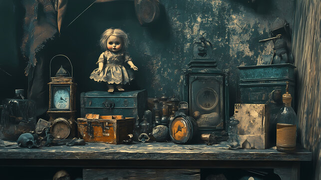 Old, creepy items like antique dolls or cursed relics with dark, ominous backgrounds. cursed & haunted objects. illustration. Haunted Relics. Illustration