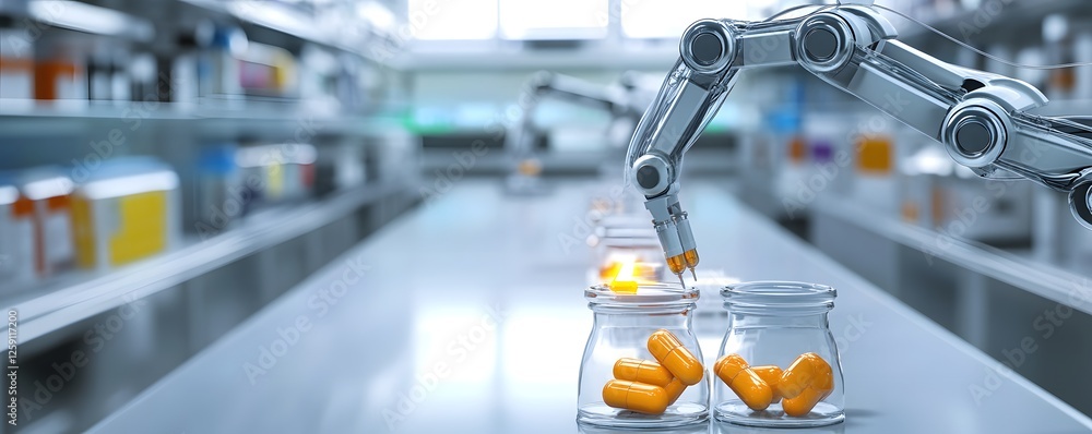 Poster advanced robotic arm working in a pharmaceutical laboratory sorting capsules into jars. a glimpse in