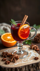 Mulled wine glass with orange, cinnamon and star anise, craft clay. with white shades