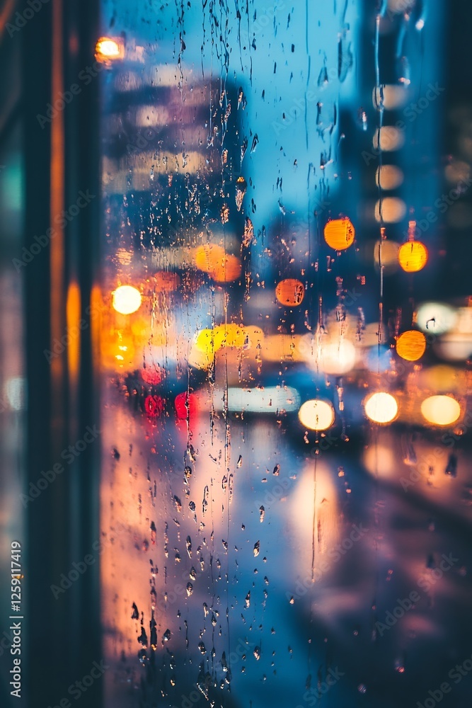 Aufkleber city evening view with rain on window and blurred traffic lights giving a moody urban atmosphere : g