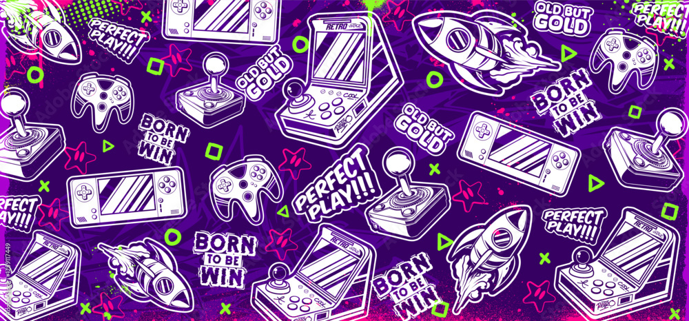 Fototapete gaming vector background illustrations. retro video game graphic icon elements in graffiti style