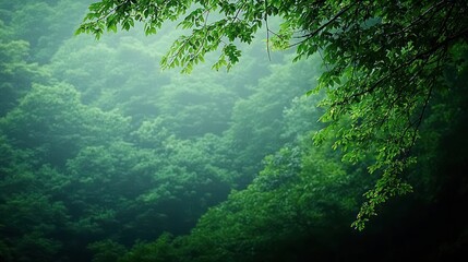 Fototapeta premium Misty Forest Landscape With Lush Green Trees