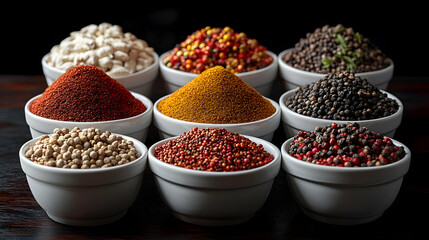 Assorted Spices In White Bowls On Dark Wooden Surface