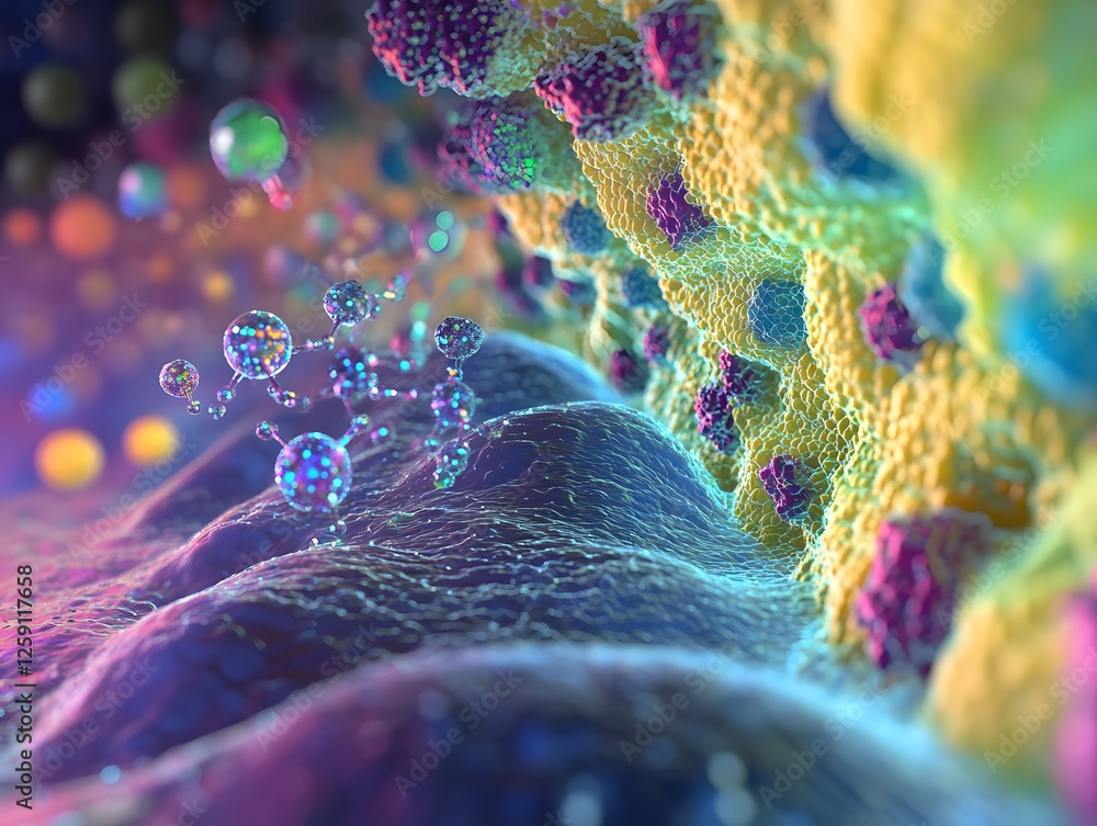 Poster An abstract representation of microscopic life showcasing vibrant colors and intricate patterns, highlighting the beauty of microorganisms and their interactions in the environment