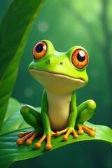 Obraz premium Green frog cartoon sitting on a leaf with big smile and closed eyes, nature, leaf