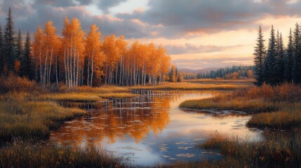 Fototapeta premium Autumnal Sunset Over Calm Water Golden Trees Reflecting