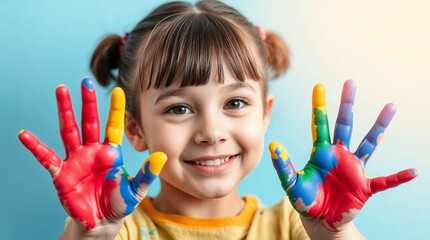 little girl 10 years old with his hands painted in bright, focus on hands, varied colors, isolated against a gentle pastel blue background. for commercial use