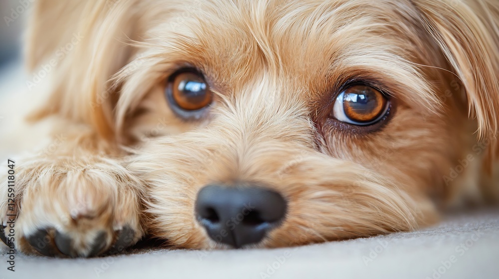 Poster Adorable Close-Up of a Playful Dog with Expressive Eyes Relaxing on a Soft Surface at Home : Generative AI