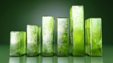 Green glass bar graph, upward trend, dark background, financial growth.