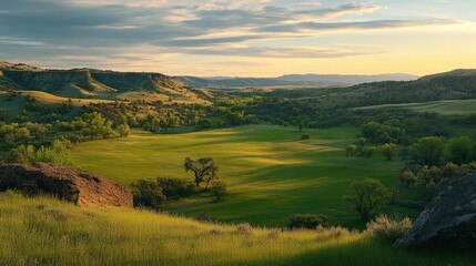 Fototapeta premium A serene rural landscape showcasing lush green rolling hills basking under a golden sunset, exuding a tranquil and picturesque atmosphere reminiscent of pastoral beauty and natural grandeur.