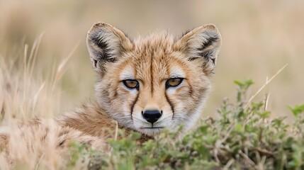 Obraz premium Close Up of a Cheetah Cub Resting in the Grass with Focused Expression : Generative AI