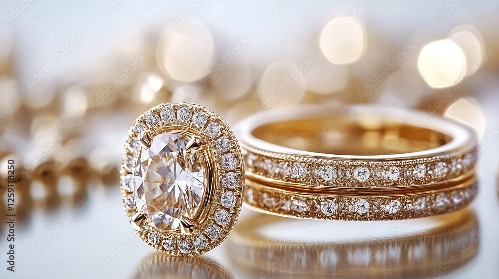 Poster elegant golden engagement ring set with sparkling diamonds glimmering with beautiful bokeh lights in