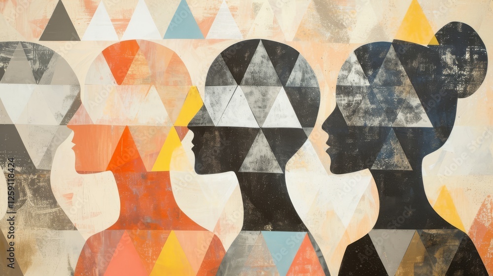 Aufkleber a contemporary abstract artwork featuring female silhouettes adorned with triangular geometric patte