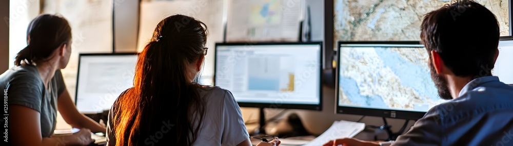 Poster dedicated professionals analyze data on multiple screens, showcasing teamwork and modern technology 