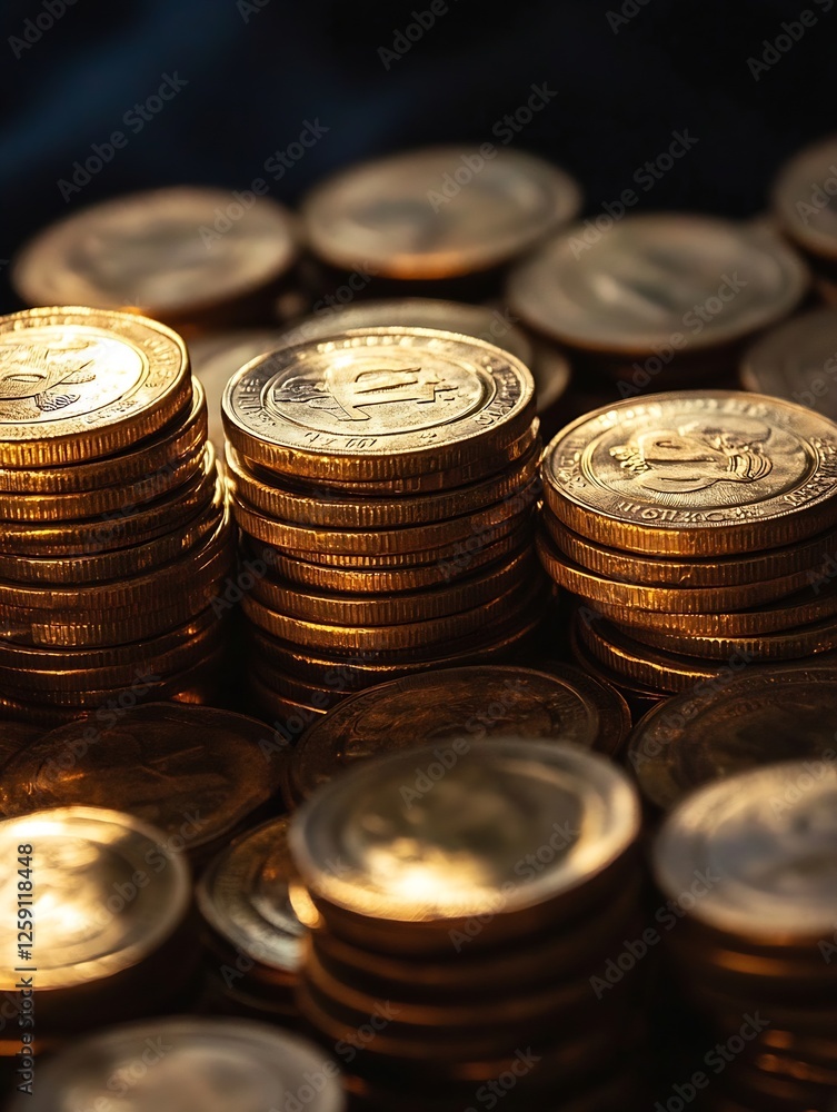 Poster Shiny Gold Coins Stacked Together Glimmering in Soft Light : Generative AI