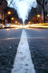 Low angle view of a city street with glowing lights and blurred motion effects at dusk : Generative AI