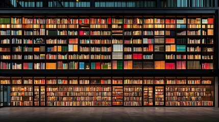 Extensive Illuminated Bookshelves at Night
