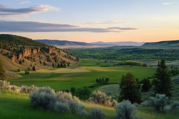 Obraz premium A serene rural landscape showcasing lush green rolling hills basking under a golden sunset, exuding a tranquil and picturesque atmosphere reminiscent of pastoral beauty and natural grandeur.