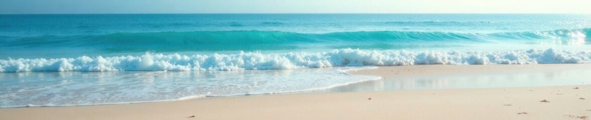 Gentle ocean waves in soothing blue hues on sandy beach, calming, natural