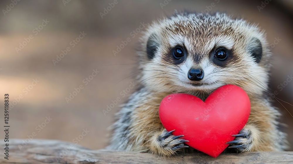 Poster cute small meerkat holding a red heart symbolizing love and warmth in a playful and endearing pose :