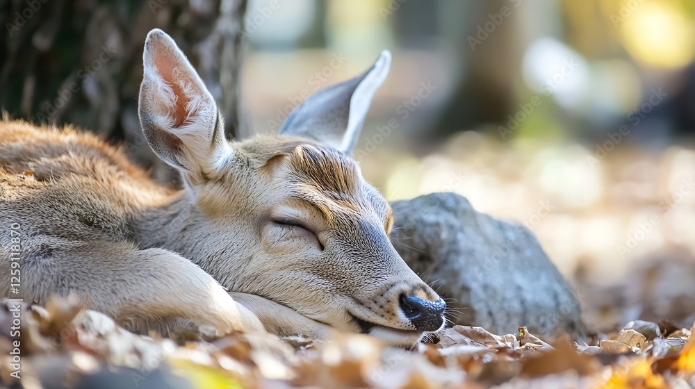 Poster Calm deer resting peacefully in nature surrounded by trees and autumn foliage creating a tranquil scene : Generative AI
