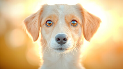 Golden dog sunset portrait, outdoor field background, pet adoption