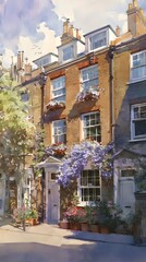 Fototapeta premium London street with brick terrace houses and flowers, phone wallpaper