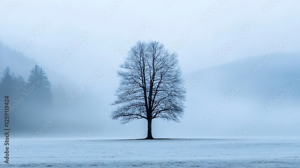 Poster lonely bare tree in misty landscape with fog rolling over green hill in winter : generative ai