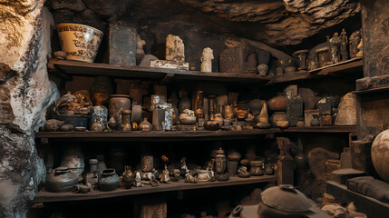 A forgotten cellar with dusty relics and strange talismans on shelves. soft sighs echo, though no one is there. Haunted Relics. Illustration