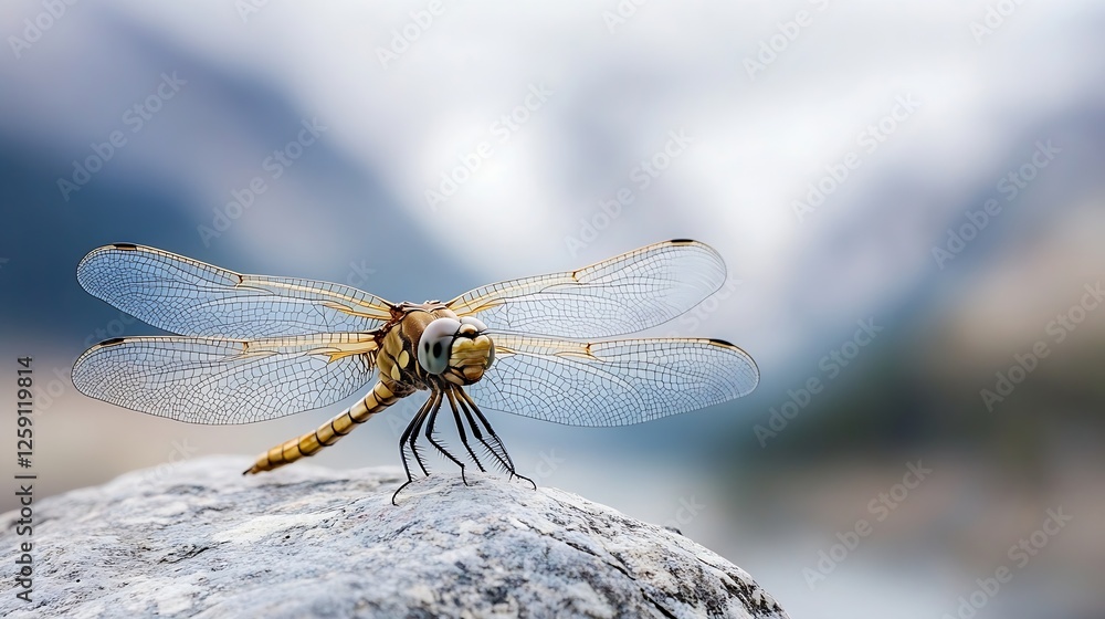 Poster majestic dragonfly perched on a rock surrounded by nature and mountains : generative ai