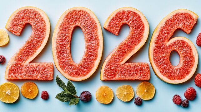 A Colorful Arrangement of Grapefruit and Citrus Fruits Celebrating the Arrival of 2026 with a Vibrant Display of Juicy Numerals