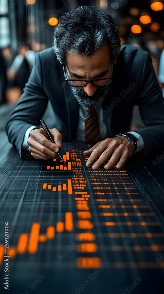 Poster Focused Businessman Analyzing Data On Illuminated Table