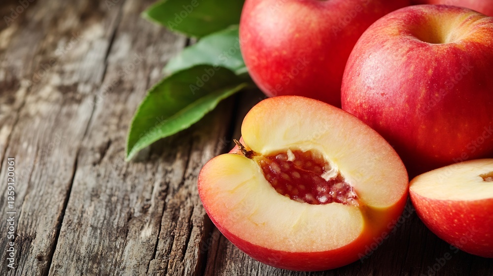 Aufkleber Fresh Red Apples with a Slice on Rustic Wooden Table in a Natural Setting : Generative AI