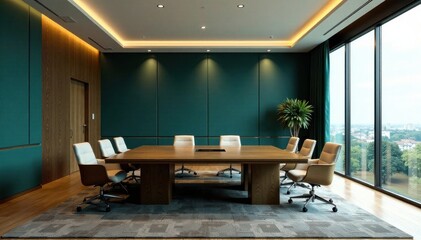 High-end gold finishes and dark teal accent walls in a contemporary boardroom, dark teal, executive, gold