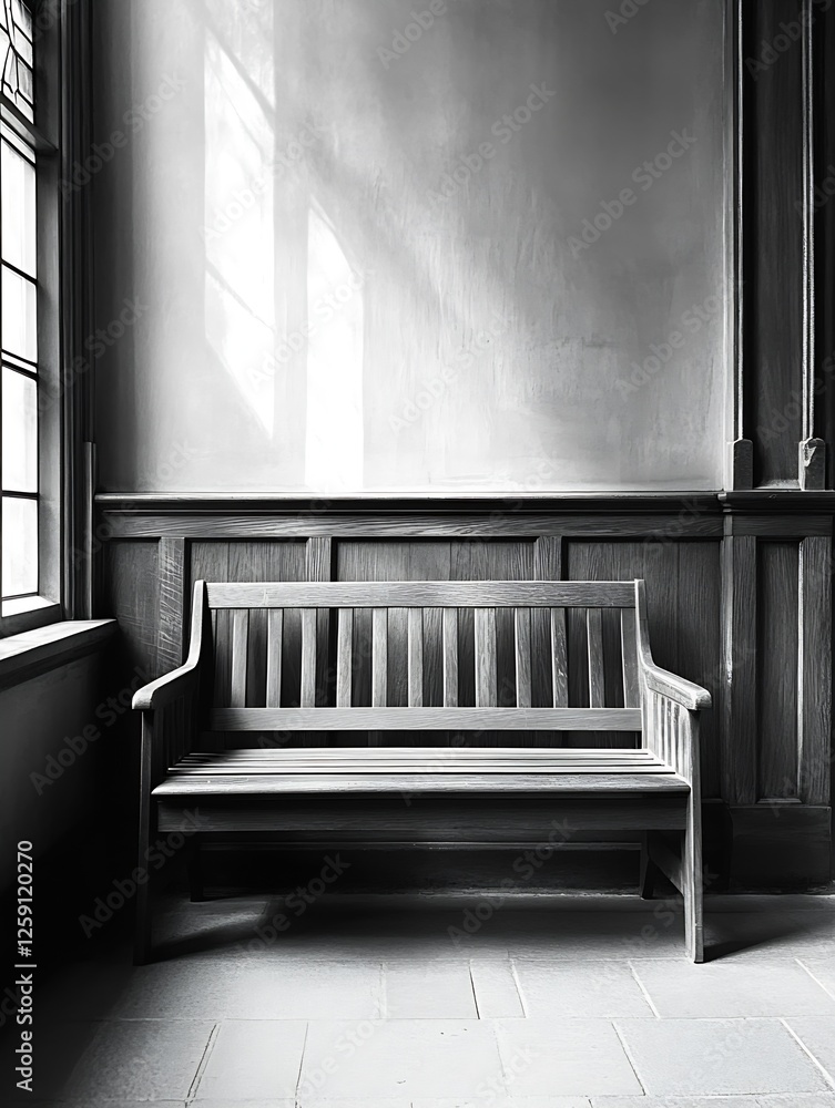 Poster elegant wooden bench in a sunlit room with intricate design and shadow play : generative ai